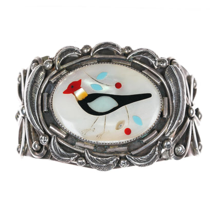6.75" vintage Zuni heavy sterling silver MOP Inlay bird cuff bracelet - Estate Fresh Austin