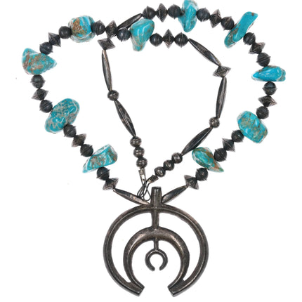 60's-70's Navajo sterling silver turquoise beaded naja necklace - Estate Fresh Austin