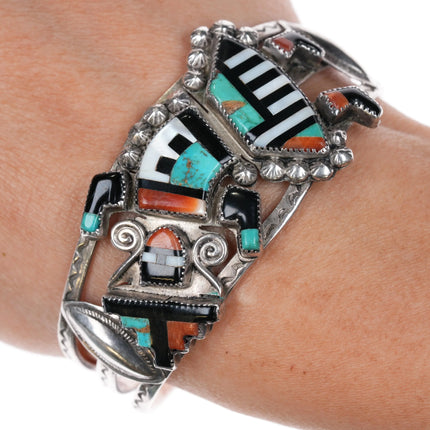 6.4" c1950's Zuni Rainbow Man sterling silver cuff bracelet nicely stamped sides