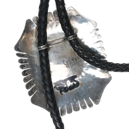 80's-90's Large Charlie John Navajo sterling silver Kingman turquoise bolo tie - Estate Fresh Austin