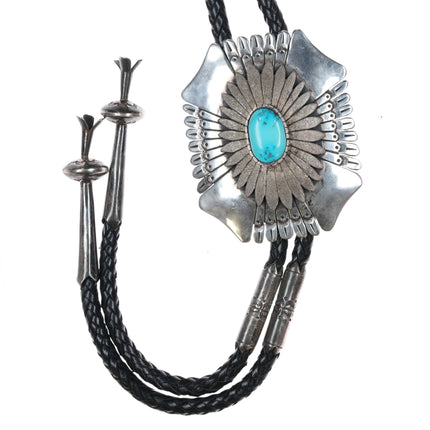 80's-90's Large Charlie John Navajo sterling silver Kingman turquoise bolo tie - Estate Fresh Austin
