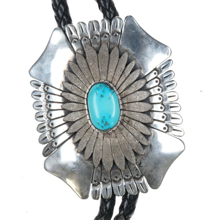 80's-90's Large Charlie John Navajo sterling silver Kingman turquoise bolo tie - Estate Fresh Austin