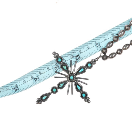 Big 60's-70's Vintage Zuni sterling silver cross needlepoint turquoise necklace - Estate Fresh Austin