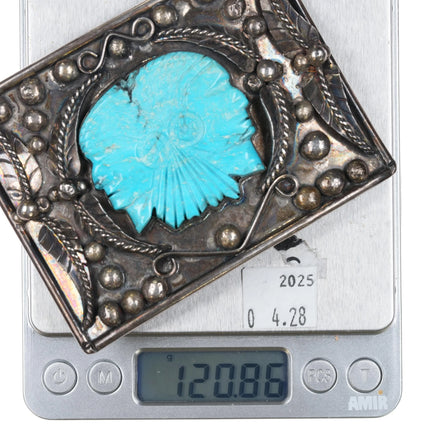 1970's Little Turtle Navajo sterling silver carved Kingman turquoise belt buckle - Estate Fresh Austin