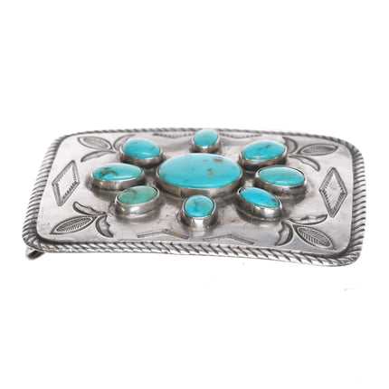 c1950's Navajo hand stamped Sterling silver turqoise cluster belt buckle - Estate Fresh Austin