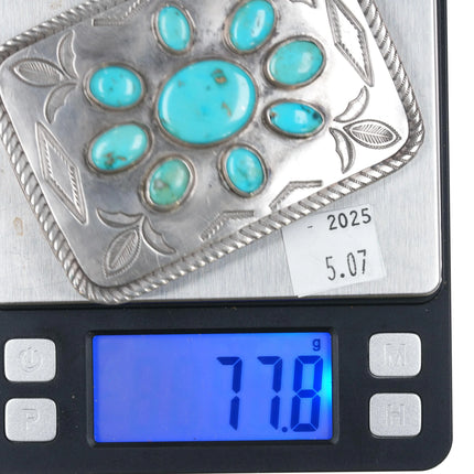 c1950's Navajo hand stamped Sterling silver turqoise cluster belt buckle - Estate Fresh Austin