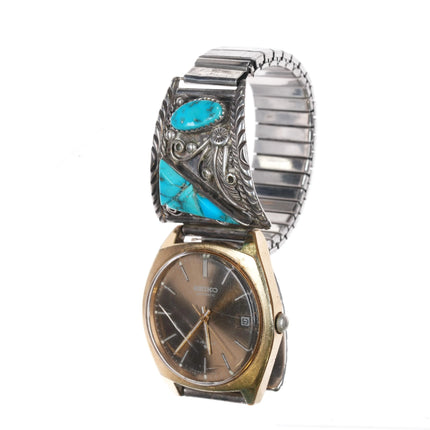 7.5" CW 80's Navajo sterling silver turquoise watch tips Automatic Seiko - Estate Fresh Austin