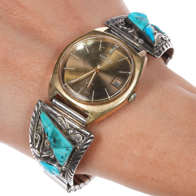 7.5" CW 80's Navajo sterling silver turquoise watch tips Automatic Seiko - Estate Fresh Austin