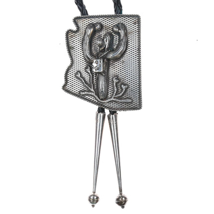 c1970 Bola Bill Arizona Shaped sterling silver bolo tie w saguaro cactus - Estate Fresh Austin