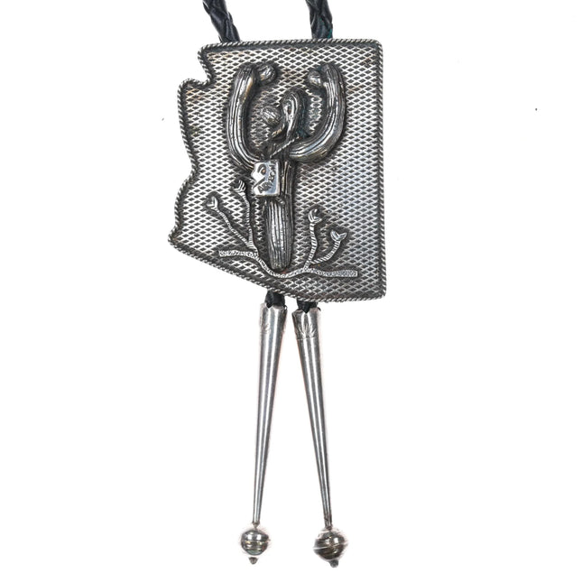 c1970 Bola Bill Arizona Shaped sterling silver bolo tie w saguaro cactus - Estate Fresh Austin