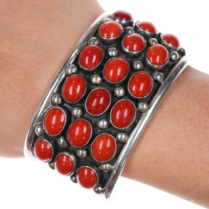 6.6" c1960 Southwestern Modernist sterling silver coral cluster cuff bracelet - Estate Fresh Austin