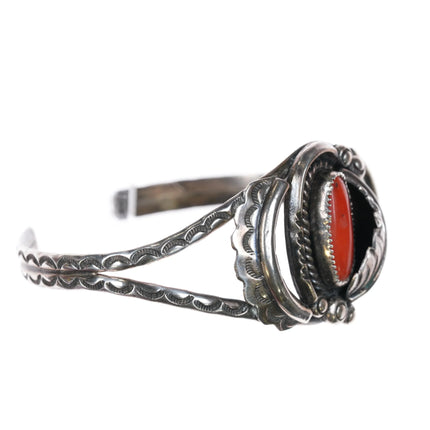 6.3" 60's-70's Navajo sterling silver coral cuff bracelet with nice stampings - Estate Fresh Austin