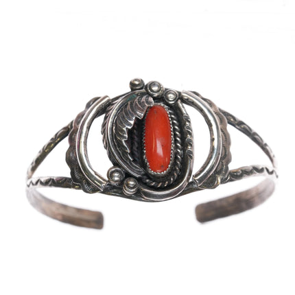 6.3" 60's-70's Navajo sterling silver coral cuff bracelet with nice stampings - Estate Fresh Austin