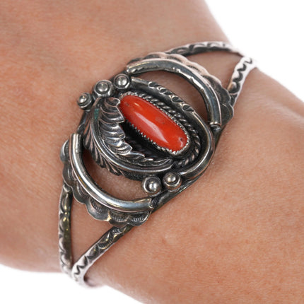6.3" 60's-70's Navajo sterling silver coral cuff bracelet with nice stampings - Estate Fresh Austin
