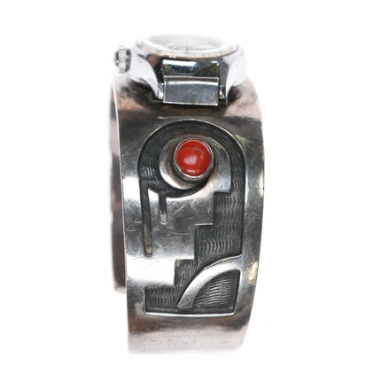 6.25" Tony Kyasyousie Hopi Overlay turquoise/coral watch cuff bracelet sterling - Estate Fresh Austin