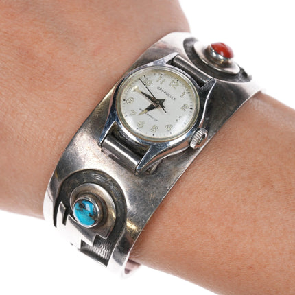 6.25" Tony Kyasyousie Hopi Overlay turquoise/coral watch cuff bracelet sterling - Estate Fresh Austin