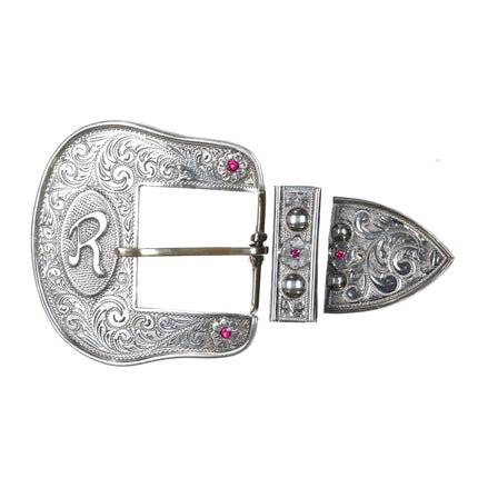 Large 1.5" R Initial Sterling silver Rubies Ranger belt buckle set MAC 1991 - Estate Fresh Austin