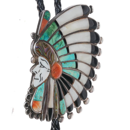 Huge c1960 c-31 Ralph Quam Zuni Indian Chief w/Headdress sterling inlay bolo tie - Estate Fresh Austin