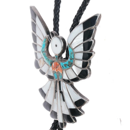c1960 c-31 Dixon Shebola (Zuni, 1937-1976) sterling inlaid Phoenix bird bolo tie - Estate Fresh Austin