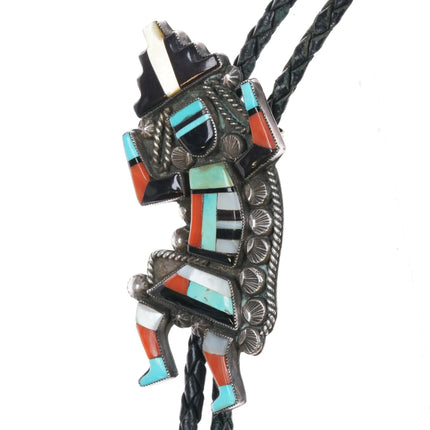 c1960 c-31 Zuni Rainbow Man Inlay intricately stamped sterling silver bolo tie - Estate Fresh Austin
