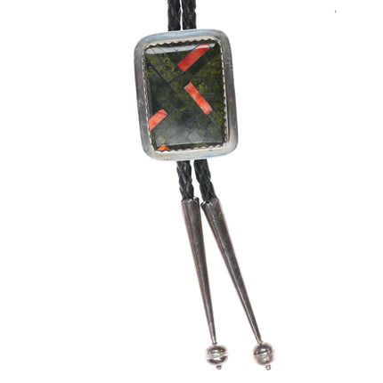 Southwestern Santo Domingo inlay turquoise/spiny oyster sterling silver bolo tie - Estate Fresh Austin