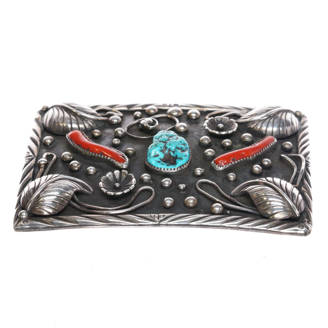 c1960's Vintage Sterling silver Navajo turquoise/coral 2" belt buckle - Estate Fresh Austin