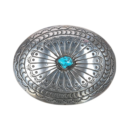 MJ Navajo sterling silver and turquoise heavily stamped belt buckle - Estate Fresh Austin