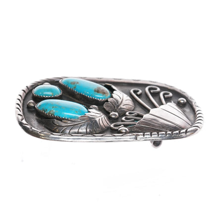 Navajo sterling silver vintage belt buckle w/ turquoise blossom design - Estate Fresh Austin