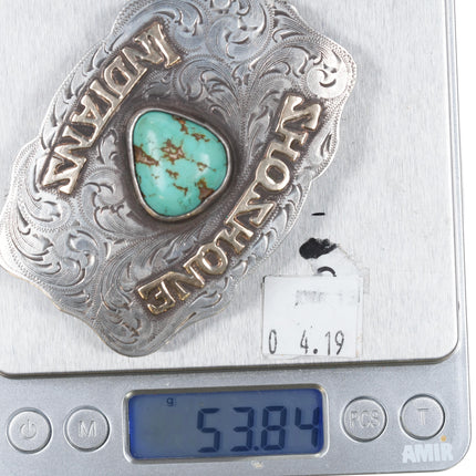c1950's Sterling/14k gold turquoise Shoshone Indians hand engraved belt buckle - Estate Fresh Austin