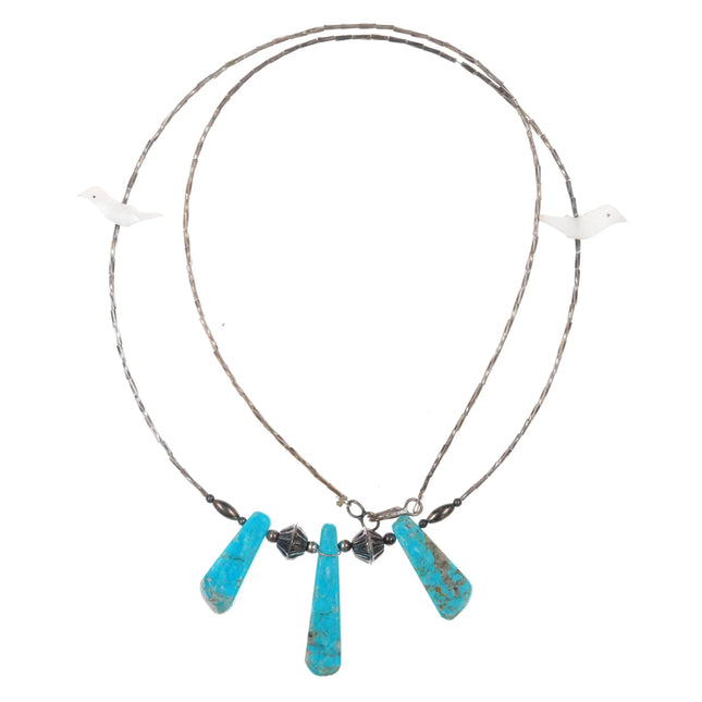 1970's Zuni sterling silver, turquoise, carved shell fetish birds necklace - Estate Fresh Austin