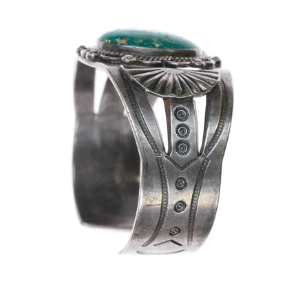 7" 30's-40's Navajo sterling silver green turquoise wide band cuff bracelet - Estate Fresh Austin