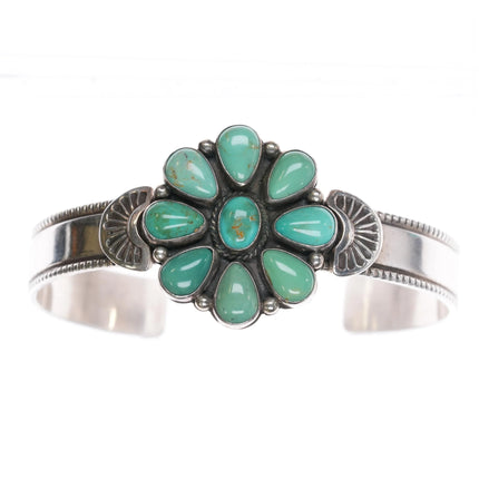 6.75" Leonard Platero Navajo sterling and turquoise cluster cuff bracelet - Estate Fresh Austin