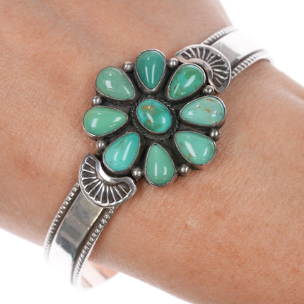 6.75" Leonard Platero Navajo sterling and turquoise cluster cuff bracelet - Estate Fresh Austin