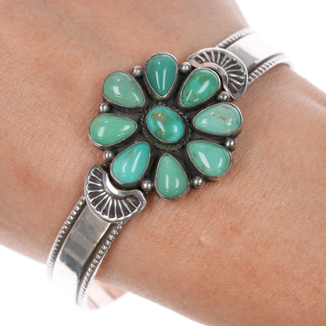 6.75" Leonard Platero Navajo sterling and turquoise cluster cuff bracelet - Estate Fresh Austin
