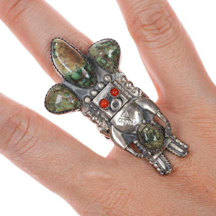 sz7.5 Jerry Roan Navajo Sterling silver Kachina ring Variscite coral eyes - Estate Fresh Austin