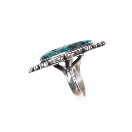 sz7.5 60's-70's Navajo sterling silver large turquoise ring with fancy bezel - Estate Fresh Austin