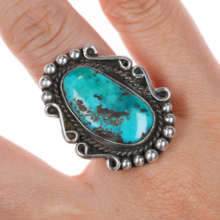 sz7.5 60's-70's Navajo sterling silver large turquoise ring with fancy bezel - Estate Fresh Austin