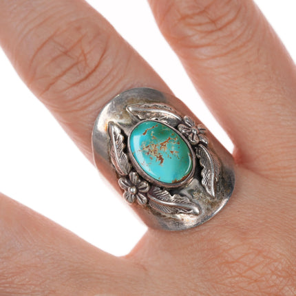 sz8.5 Carol Felley Sterling silver Royston turquoise ring with feather design - Estate Fresh Austin