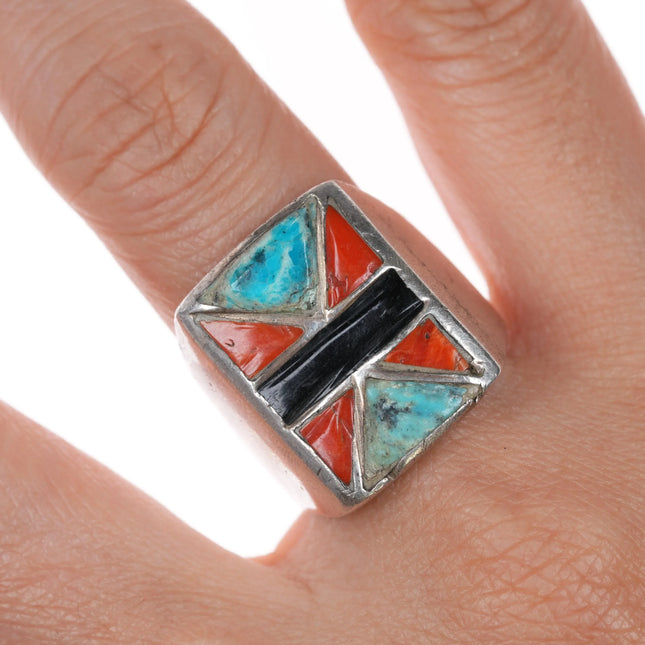 sz10.5 Vintage Zuni turquoise, Jet, coral channel inlay sterling silver ring - Estate Fresh Austin