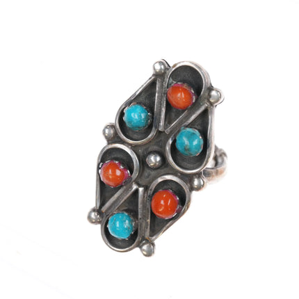 sz7 1970's Zuni Sterling silver coral and turquoise snake eye ring - Estate Fresh Austin
