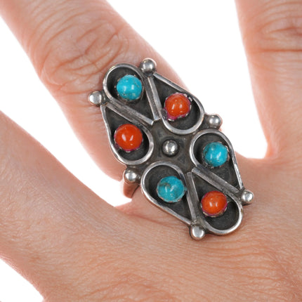 sz7 1970's Zuni Sterling silver coral and turquoise snake eye ring - Estate Fresh Austin