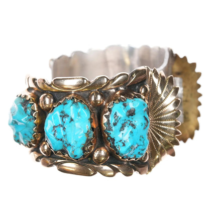 7.2" 14k/Sterling Robert and Bernice Leekya watch cuff bracelet carved turquoise - Estate Fresh Austin