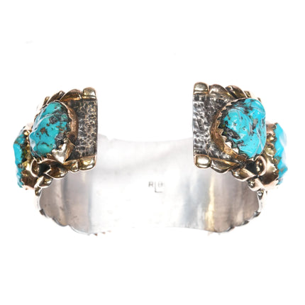 7.2" 14k/Sterling Robert and Bernice Leekya watch cuff bracelet carved turquoise - Estate Fresh Austin