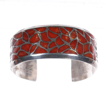 6.2" Alice Leekya Homer Zuni sterling silver coral fishscale inlay cuff bracelet - Estate Fresh Austin