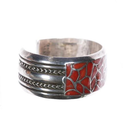 6.2" Alice Leekya Homer Zuni sterling silver coral fishscale inlay cuff bracelet - Estate Fresh Austin