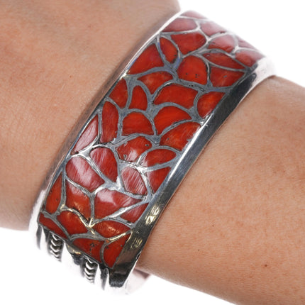 6.2" Alice Leekya Homer Zuni sterling silver coral fishscale inlay cuff bracelet - Estate Fresh Austin