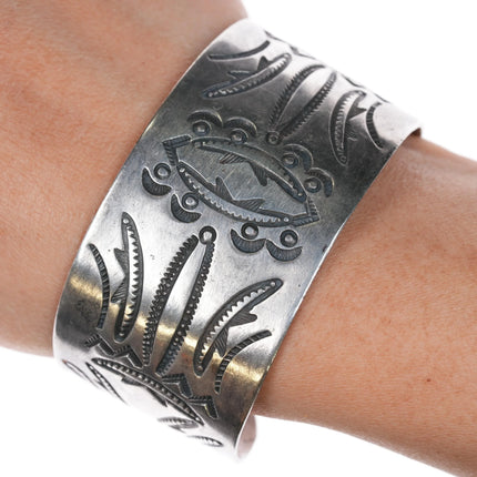 6.25" Vintage Navajo hand stamped sterling silver wide band cuff bracelet - Estate Fresh Austin