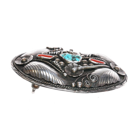 Large 60's-70's FJ Navajo sterling silver, turquoise, and coral belt buckle - Estate Fresh Austin