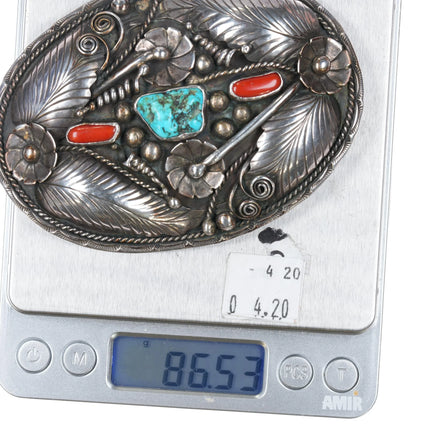 Large 60's-70's FJ Navajo sterling silver, turquoise, and coral belt buckle - Estate Fresh Austin