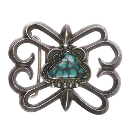 c1960's Vintage Navajo cast sterling silver belt buckle with spiderweb turquoise - Estate Fresh Austin